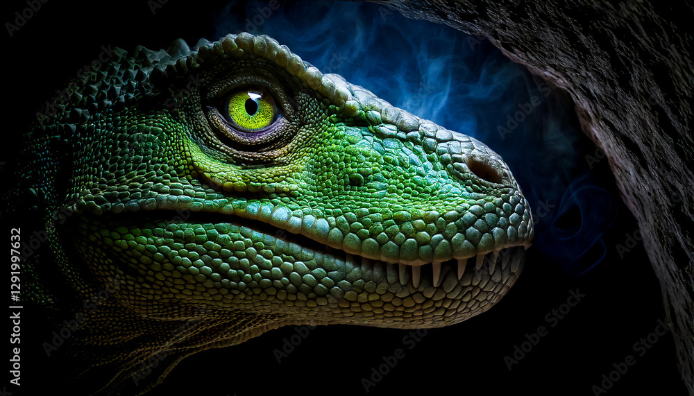 Close-up of head and eye of dinosaur, looking into dark cave, steam from breath, atmosphere of fear of the one hiding in the cave Close-up of head and eye of dinosaur, looking into dark cave, steam from breath, atmosphere of fear of the one hiding in the cave