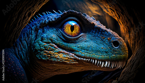 Close-up of head and eye of dinosaur, looking into dark cave, steam from breath, atmosphere of fear of the one hiding in the cave