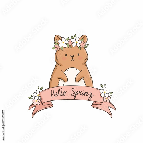 Cute hamster with wreath of flowers spring illustration