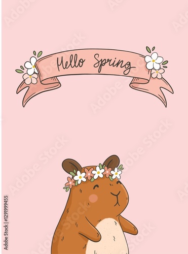 Cute hamster with wreath of flowers spring illustration