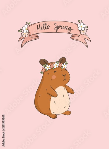 Cute hamster with wreath of flowers spring illustration