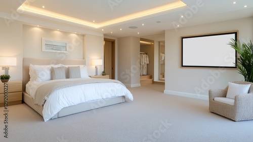 Modern Bedroom Interior with Closet and TV, Suitable for Real Estate or Interior Design