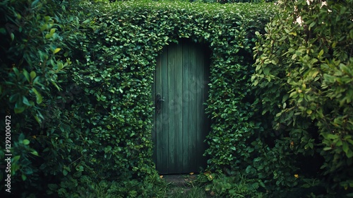 Secret garden door half-hidden in a lush green hedge.