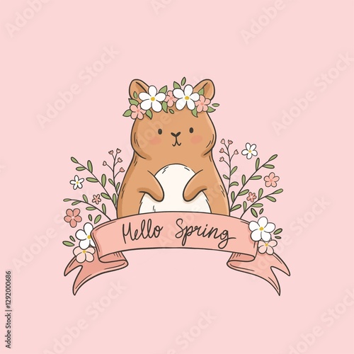 Cute hamster with wreath of flowers spring illustration