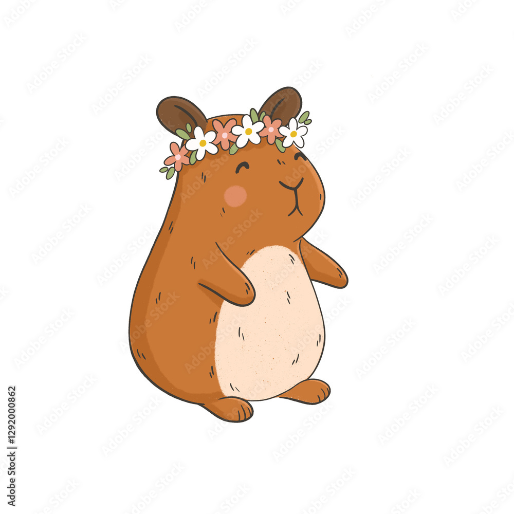 Fototapeta premium Cute hamster with wreath of flowers spring illustration