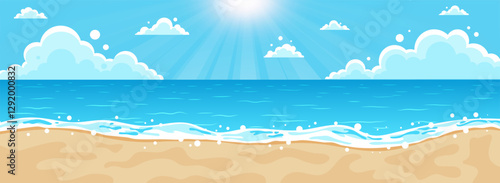 Bright sunny day at the beach with gentle waves rolling on the golden sand. Vector illustration