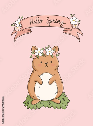 Cute hamster with wreath of flowers spring illustration