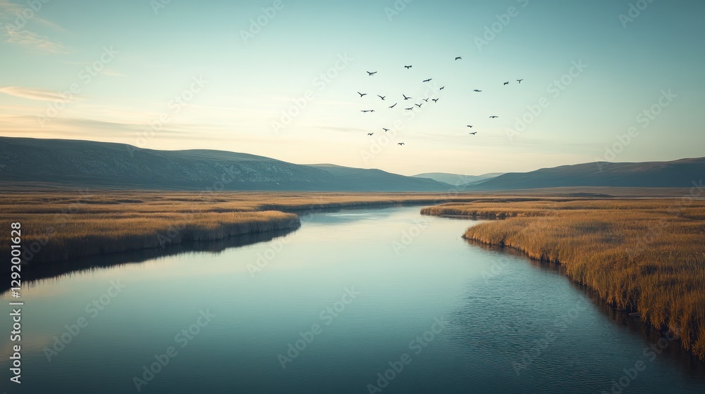 Obraz premium Serene river flowing through golden marsh at sunrise with birds in flight