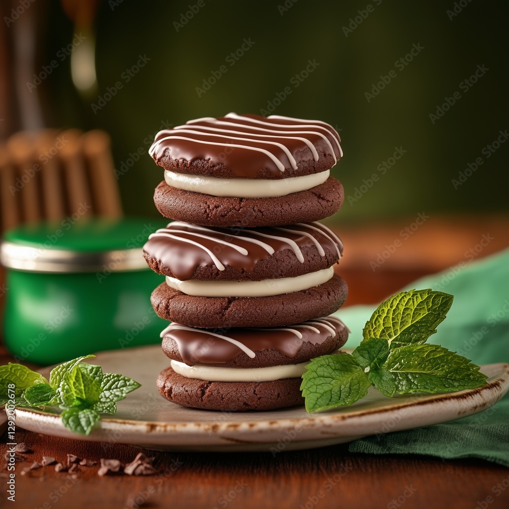 Chocolate Mint Sandwich Cookies: A delectable stack of chocolate cookies with a creamy mint filling, drizzled with elegant white lines. Fresh mint leaves add a vibrant touch.