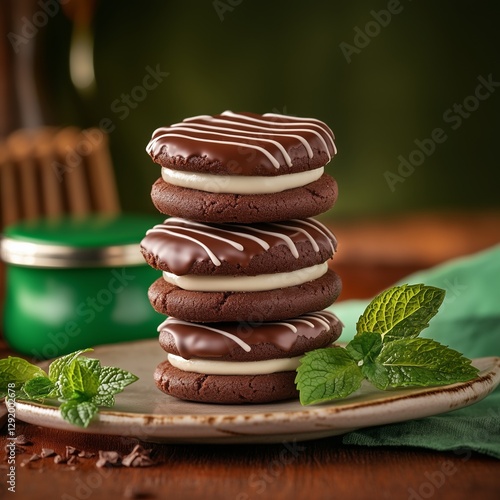 Obraz na płótnie Chocolate Mint Sandwich Cookies: A delectable stack of chocolate cookies with a creamy mint filling, drizzled with elegant white lines. Fresh mint leaves add a vibrant touch. w salonie