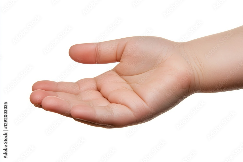 Child's open hand, offering gesture, studio shot, white background