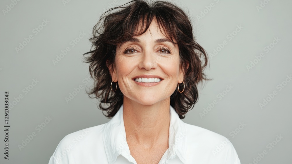 Smiling Woman with Short Brown Hair and White Shirt Smiling Woman with Short Brown Hair and White Shirt
