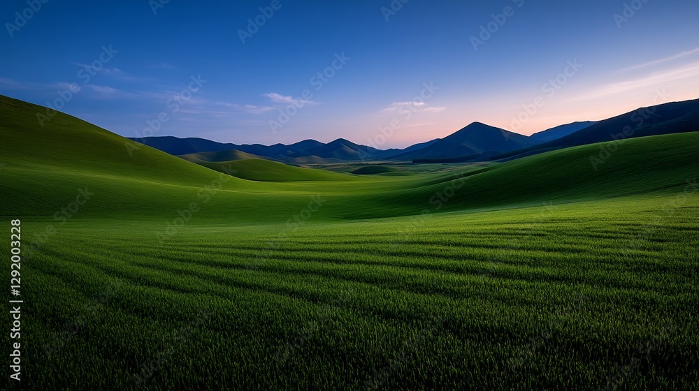 Serene sunrise over rolling green hills and valley Serene sunrise over rolling green hills and valley