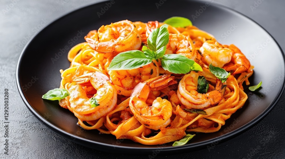 Delicious shrimp fettuccine garnished with fresh basil on a black plate. Delicious shrimp fettuccine garnished with fresh basil on a black plate.