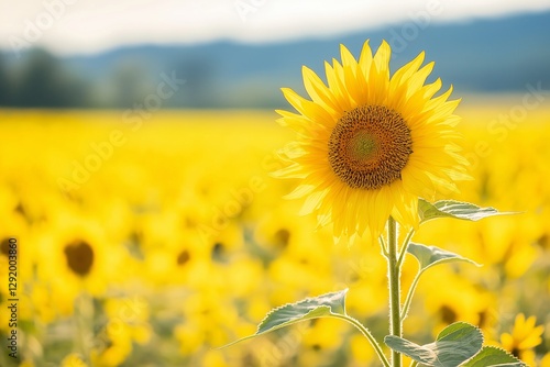 A captivating sunflower standing tall against a backdrop of a sunny field and blue sky. photo