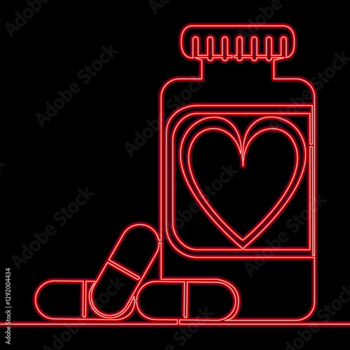 Health and Care: Medicine Bottle with Heart Symbol on Label, Signifying Compassionate Healing and Wellness Support icon neon glow vector illustration concept