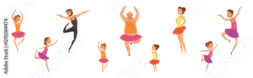 Ballet Class with Funny People Character Dance in Tutu Skirt Vector Set