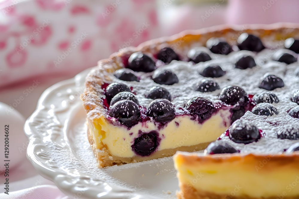 Fruit clafoutis with cherries and blueberries, dusted with powdered sugar Fruit clafoutis with cherries and blueberries, dusted with powdered sugar