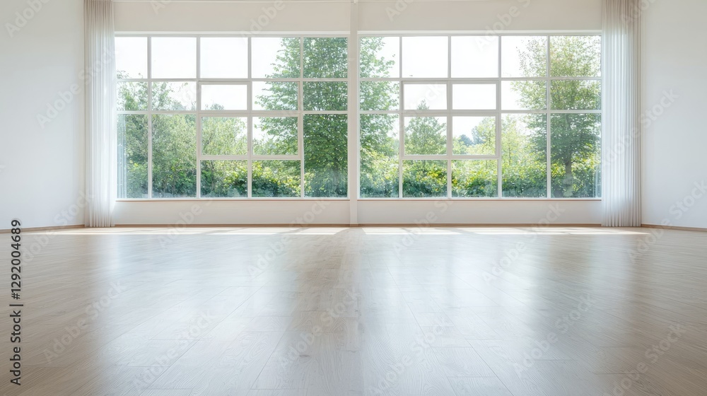 Fototapeta premium Sunlight through large windows in empty room, hardwood floor, green trees outside