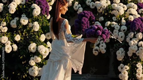 A graceful woman in a flowing white gown holds a lush bouquet of purple flowers, standing before a beautiful floral wall in golden light.