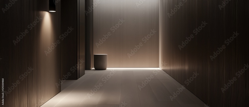 Long, narrow hallway with wooden walls on both sides. the floor is made of light-colored wood planks and the walls are painted in a dark brown color. Long, narrow hallway with wooden walls on both sides. the floor is made of light-colored wood planks and the walls are painted in a dark brown color.