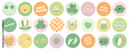 St. Patrick's Day round stickers in groovy retro style. Clover, leprechaun hat, horseshoe, gold coin, beer, pot of gold. Sticker pack of cartoon characters, elements, phrases, good luck wishes.