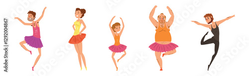 Ballet Class with Funny People Character Dance in Tutu Skirt Vector Set