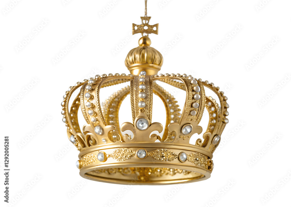 Regal and elegant golden crown hangs on white, majestic golden crown decoration, Cut Out Regal and elegant golden crown hangs on white, majestic golden crown decoration, Cut Out