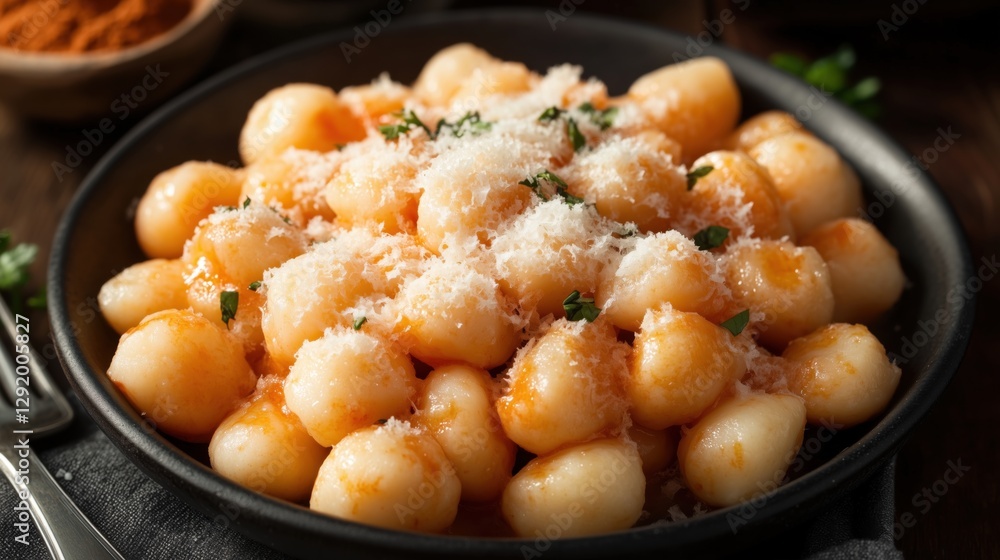 Gnocchi topped with cheese and herbs served in a rustic bowl with spices and garnishes in a warm setting Gnocchi topped with cheese and herbs served in a rustic bowl with spices and garnishes in a warm setting