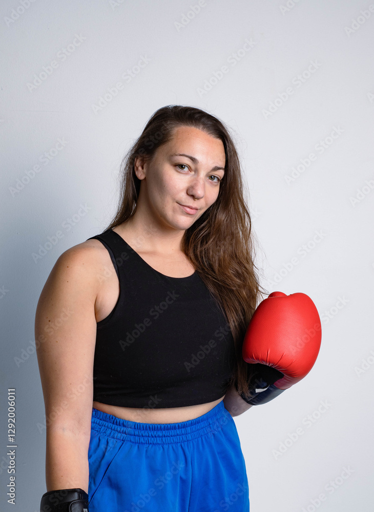 Boxer girl with red gloves, black t-shirt and blue pants. Sport concept Boxer girl with red gloves, black t-shirt and blue pants. Sport concept