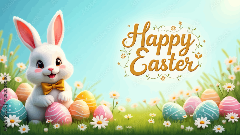 A happy Easter bunny holding a pastel egg, surrounded by bright flowers and a A happy Easter bunny holding a pastel egg, surrounded by bright flowers and a