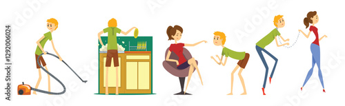 Man Henpecked Husband with Wife Leader Vector Set