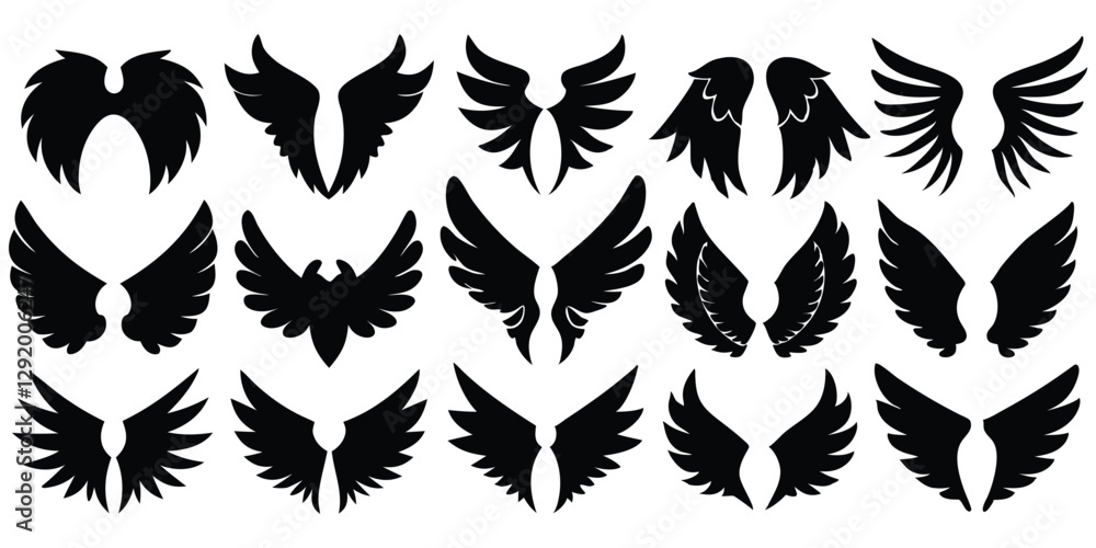 Black silhouette wings set vector Black silhouette wings set vector
