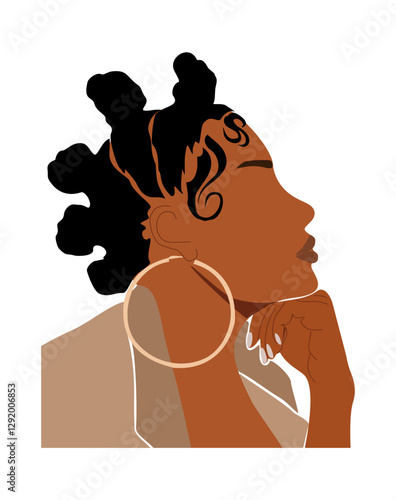 Abstract Black Woman Portrait for Female Print, Boho Girl Wall Art , Mid Century modern design, avatar. Stylish afro woman side view Vector illustration in Earthy Tones