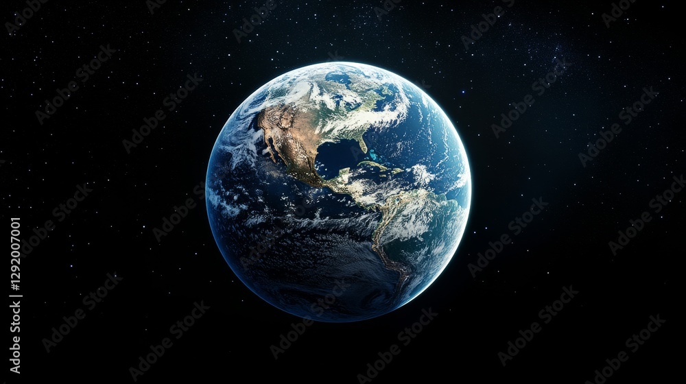 Obraz premium Earth From Space - Stunning view of planet Earth from outer space, showcasing continents and swirling clouds against the backdrop of stars