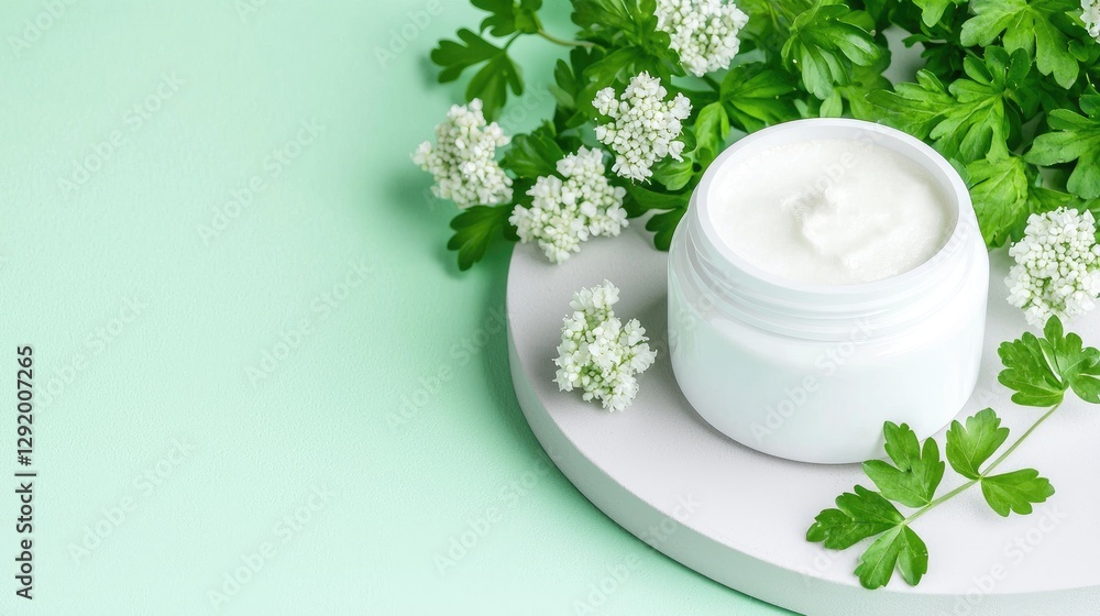 White cream jar with flowers, mint green background. Possible use beauty product advertisement White cream jar with flowers, mint green background. Possible use beauty product advertisement