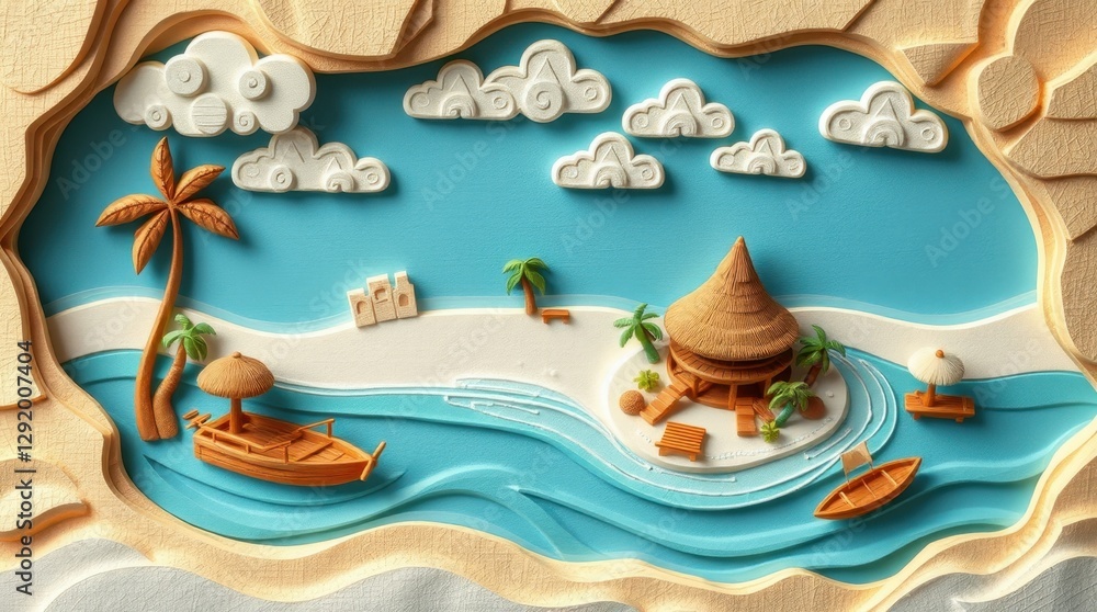 Naklejka premium Discover a serene island paradise with vibrant waters and charming wooden structures inviting adventure and relaxation