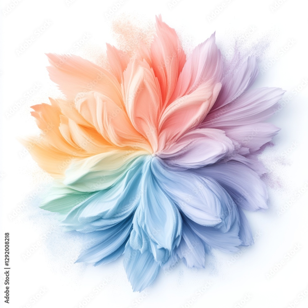 Fototapeta premium Colorful textured strokes shaped as vibrant petals creating a harmonious floral design in pastel shades, beautifully blending from orange to blue against a white background