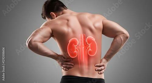 Man Holding Lower Back in Pain with Highlighted Kidneys, Representing Kidney Problems, Back Pain, or Renal Health Issues