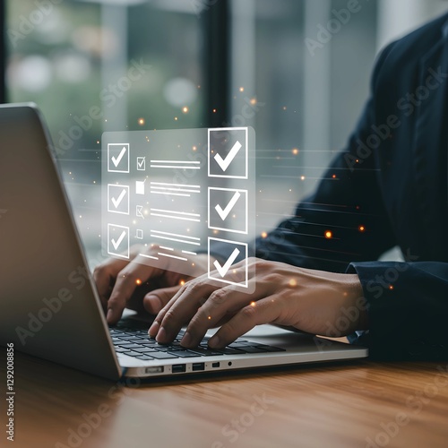 Business Professional Working on a Laptop with Digital Checklist Icons, Representing Task Management and Productivity, and online survey online exam Choosing the right answer in the exam