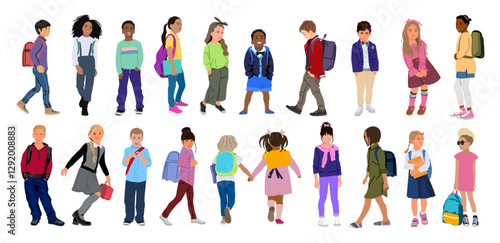 Set of different Kids standing, walking, running to school. Multiracial group of children in modern casual clothes. Elementary, middle school pupils cartoon characters. Vector realistic illustrations.