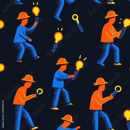 Colorful Seamless Pattern of People Holding Flashlights in Action