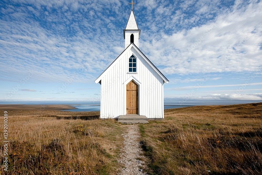 Flatey's white Lutheran church, Flateyjarkirkja, stands with a meadow in the foreground and a sea fjord, blue sky, and mountains behind it, in Iceland Flatey's white Lutheran church, Flateyjarkirkja, stands with a meadow in the foreground and a sea fjord, blue sky, and mountains behind it, in Iceland