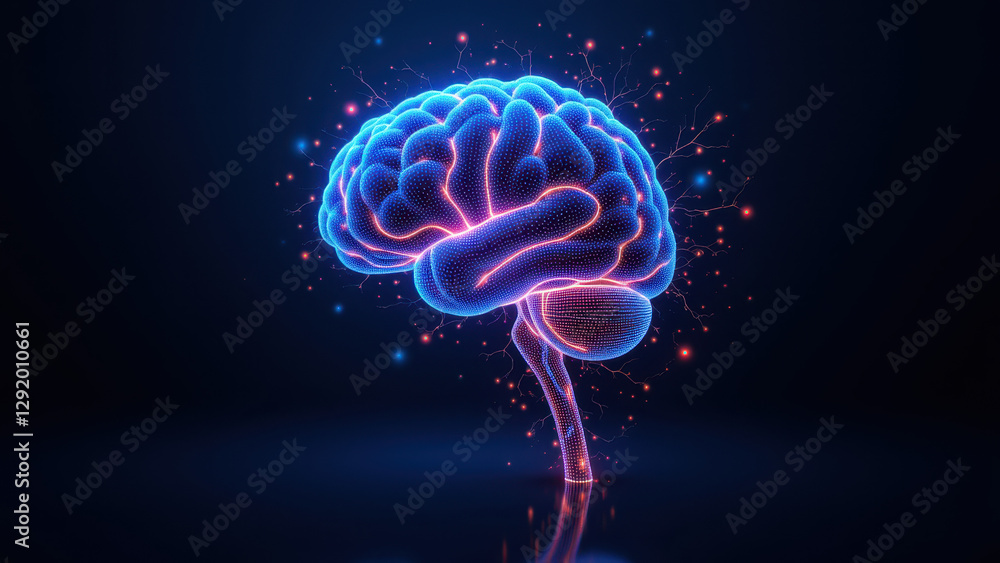 Obraz premium An artistic representation of artificial general intelligence with a glowing brain at the center emitting light energy.