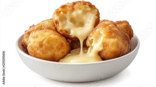 Gooey Cheese Balls in Creamy Sauce - Golden-brown cheese balls oozing with melted cheese, served in a creamy sauce. Perfect appetizer or snack