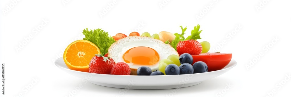 Healthy Breakfast Plate with Egg and Fruit - A fried egg sits atop a colorful arrangement of fresh fruits, including strawberries, blueberries, grapes, and orange slices Healthy Breakfast Plate with Egg and Fruit - A fried egg sits atop a colorful arrangement of fresh fruits, including strawberries, blueberries, grapes, and orange slices