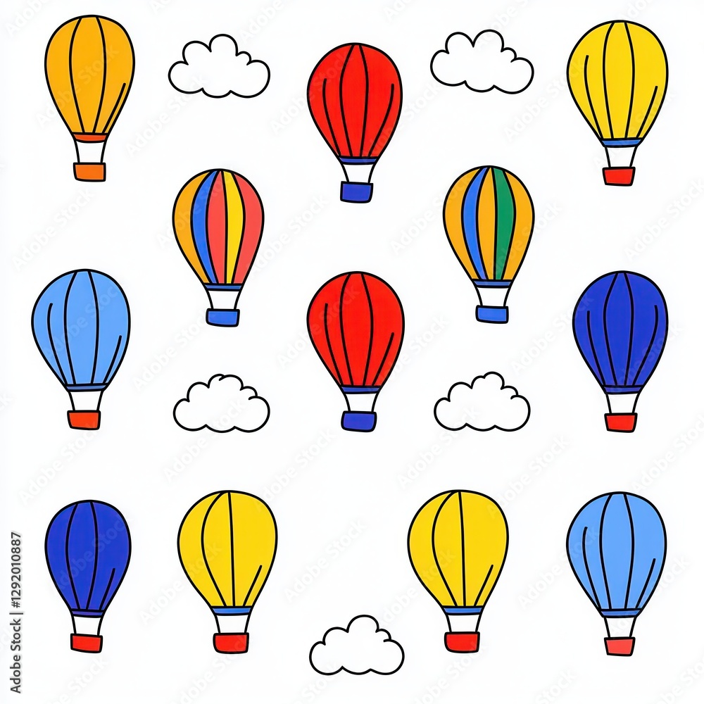 Naklejka premium Colorful Hand-Drawn Hot Air Balloons with Whimsical Clouds Pattern