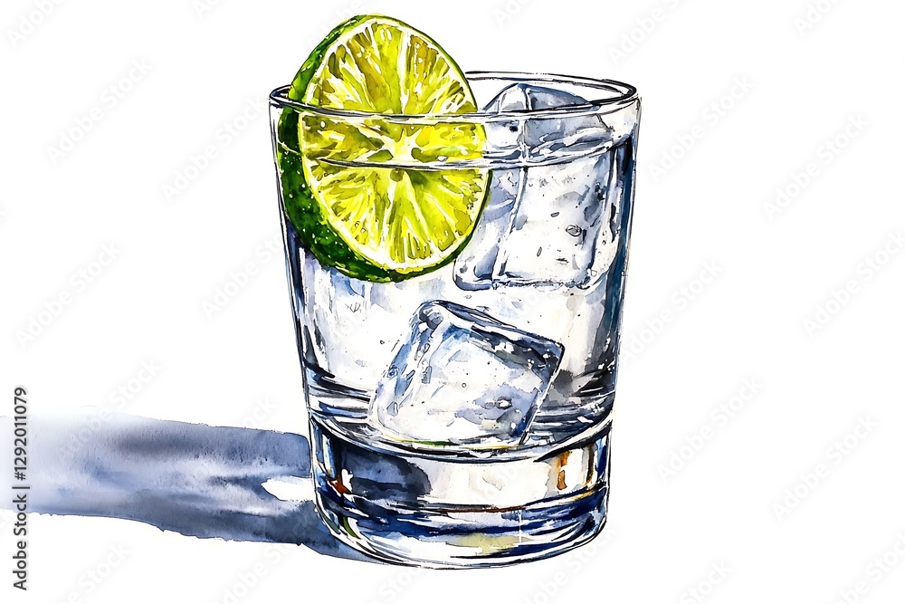 Refreshing lime gin and tonic in a glass, ice cubes, studio shot Refreshing lime gin and tonic in a glass, ice cubes, studio shot