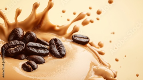 Coffee Burst: Capture the aromatic moment of a coffee splash. Featuring roasted coffee beans and a dynamic splash of creamy beverage against a warm backdrop.