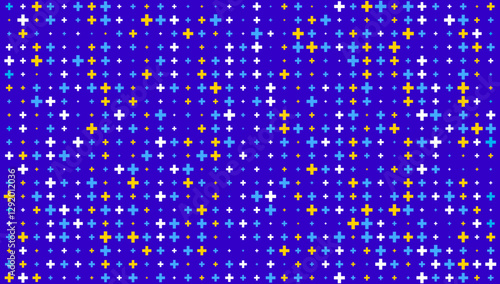 Recurring plus symbol with different size and opacity on blue background